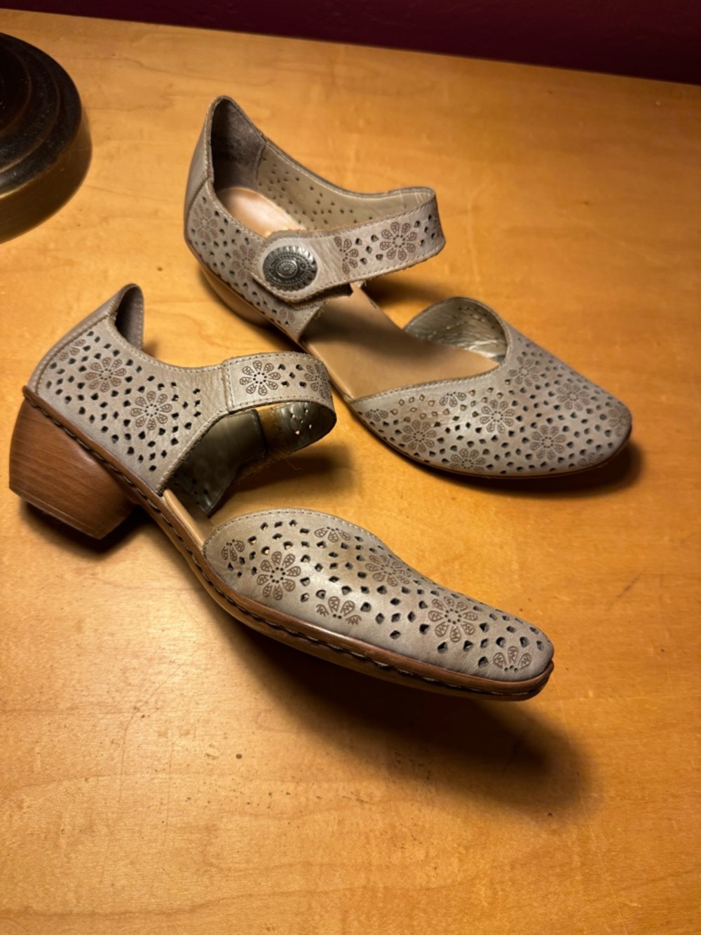Reiker Perforated Floral Mary Jane Clogs in Taupe size 8 - Picture 2 of 6